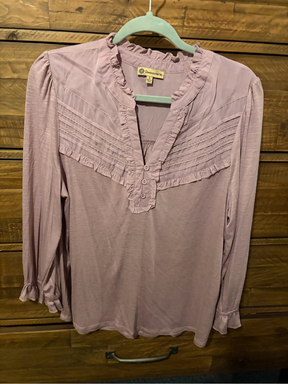 Democracy Mauve Ruffle Pintuck V-Neck Blouse